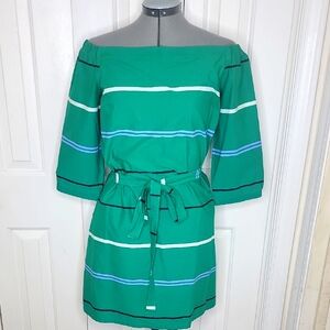 Ann Taylor Wrap Tie Dress Off The Shoulder Size 6P Green Striped Dress